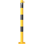 Barrier post | steel tube  60 x 2,5 mm | yellow / black | stationary, to be fixed by plugswith base plate 100 x 150 mm | with 1 eyelet